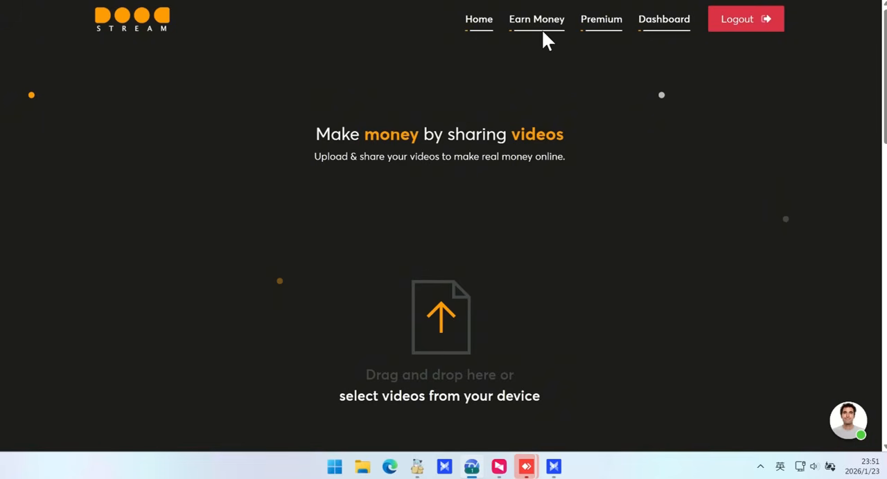 doodstream「Earn Money」页面：存储 + 广告 + 按量结算三合一