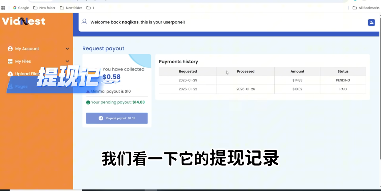 VidNest 后台提现记录：$10.32 已 PAID，$14.83 PENDING