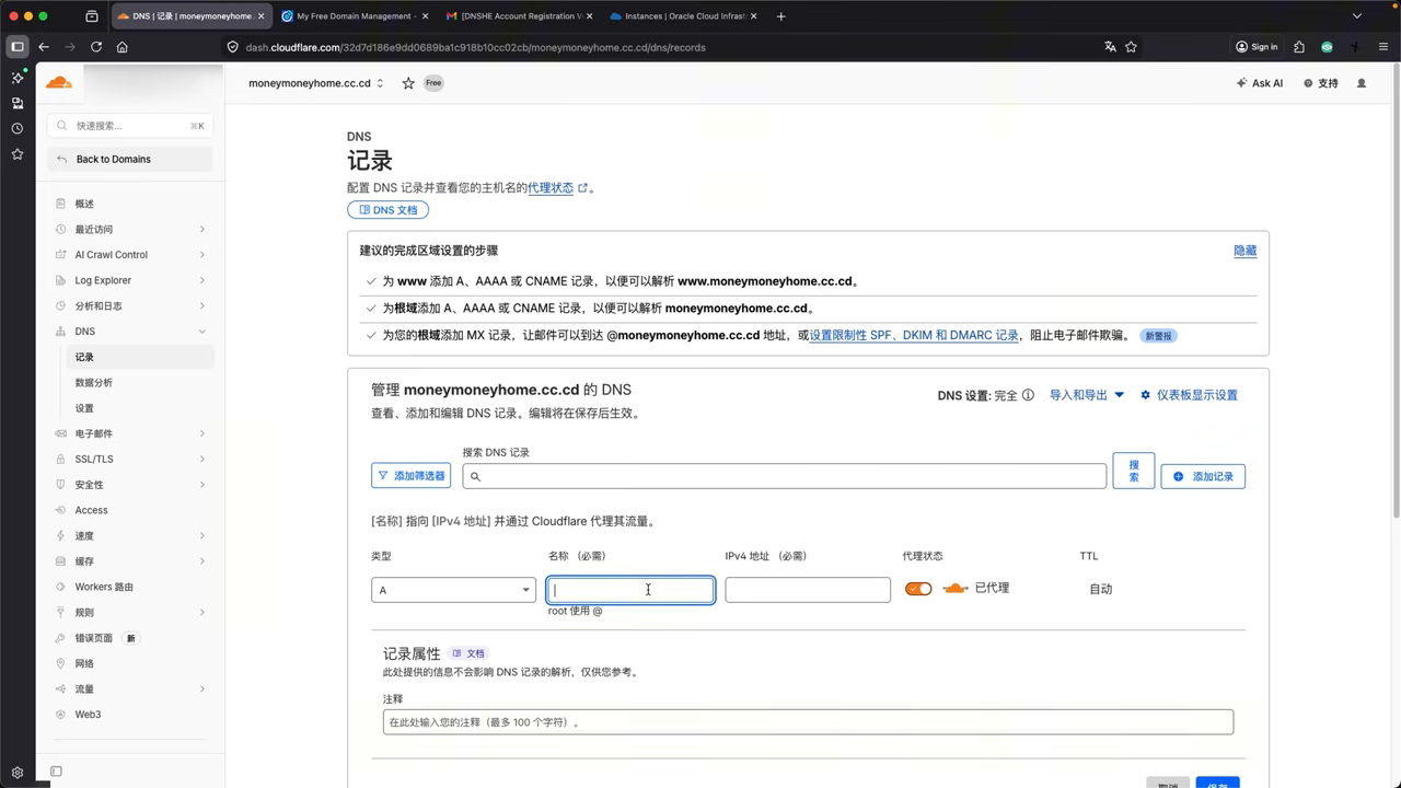 Cloudflare 添加 A 记录指向 ARM IP