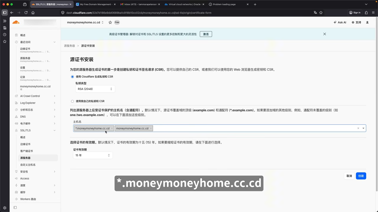 Cloudflare 源服务器证书（15 年泛域名）