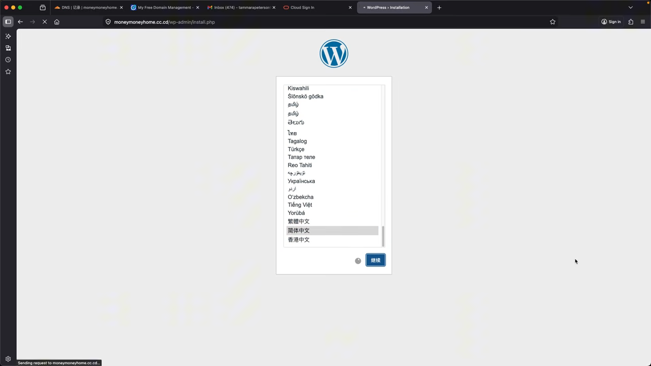 WordPress 安装向导 — 选语言、填站点信息